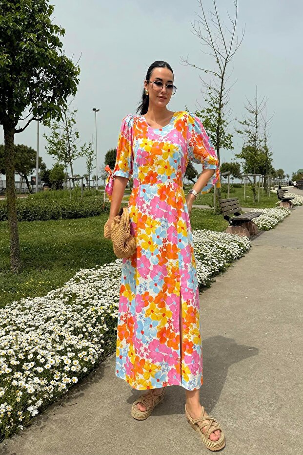 Natural Viscose Patterned Slit Long Orange Dress - 7