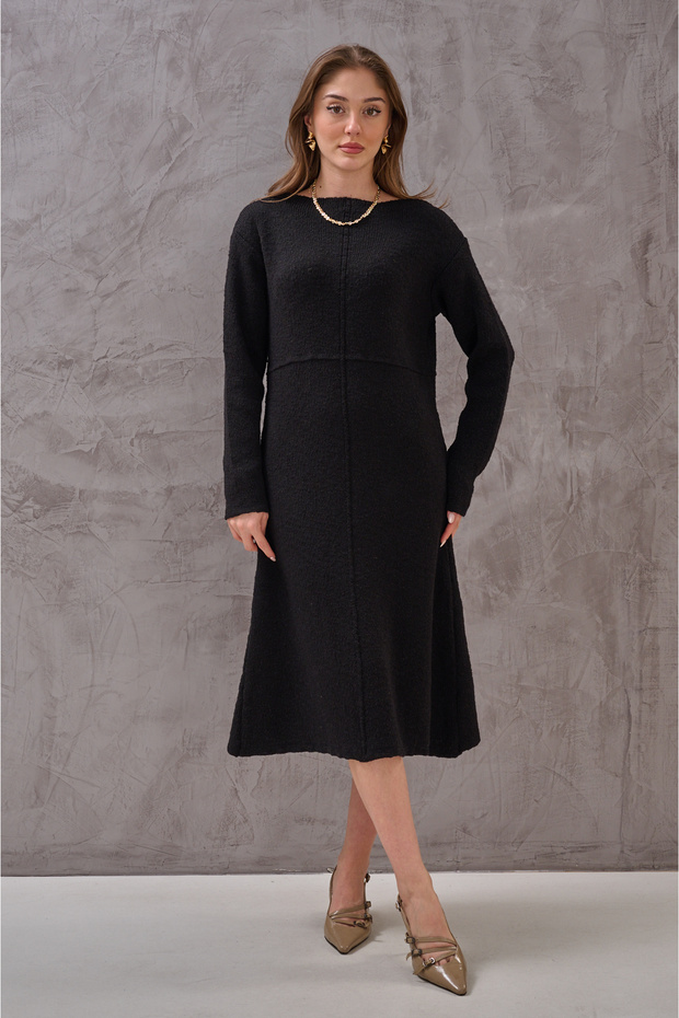 KADIN ÖNÜ DİKİŞ DETAYLI RAHAT KALIP EXTRA YUMUŞAK MİDİ BOY TRİKO ELBİSE - 3