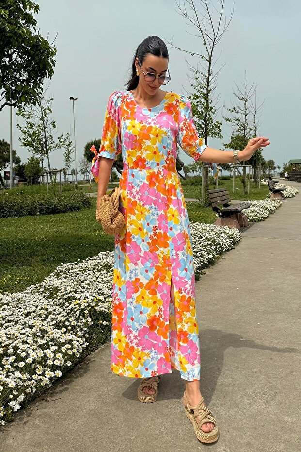 Natural Viscose Patterned Slit Long Orange Dress - 2