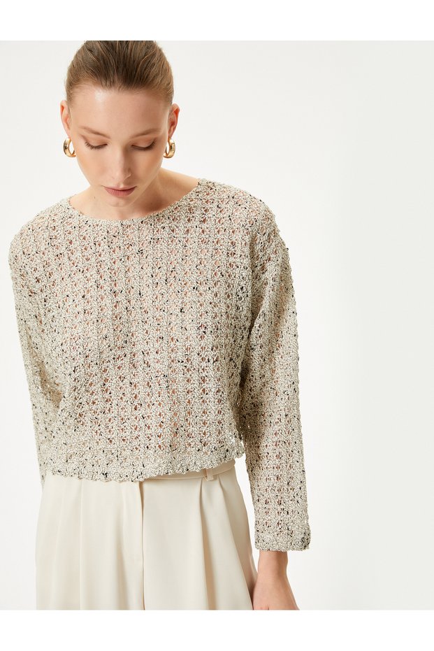 Openwork Sweater Crew Neck Wide Sleeves