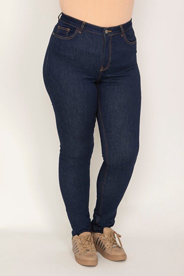 Women's Large Size Navy Blue 5 Pocket Skinny Jeans 65n26097