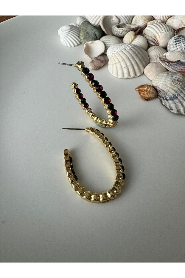Oval Form Hoop Earrings with Emerald Green and Burgundy Crystal