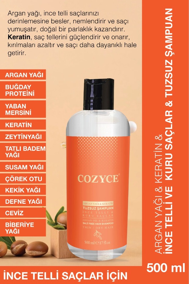 Argan Oil & Keratin & Thin, Dry Hair & Salt-Free Shampoo 500 ml &