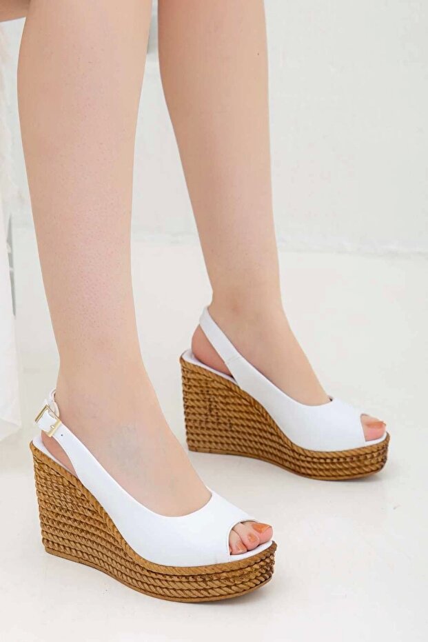 Women's White Wedge Heeled Classic Style Sandals