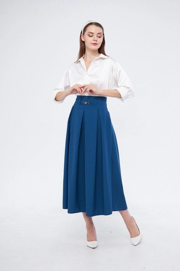 Apsen Women's Indigo Seasonal Flared Hijab Skirt with Metal Accessory Detail 2054/90