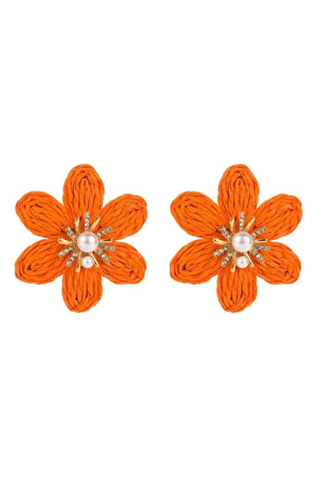 Orange Straw Rope Spiral Flower Earrings