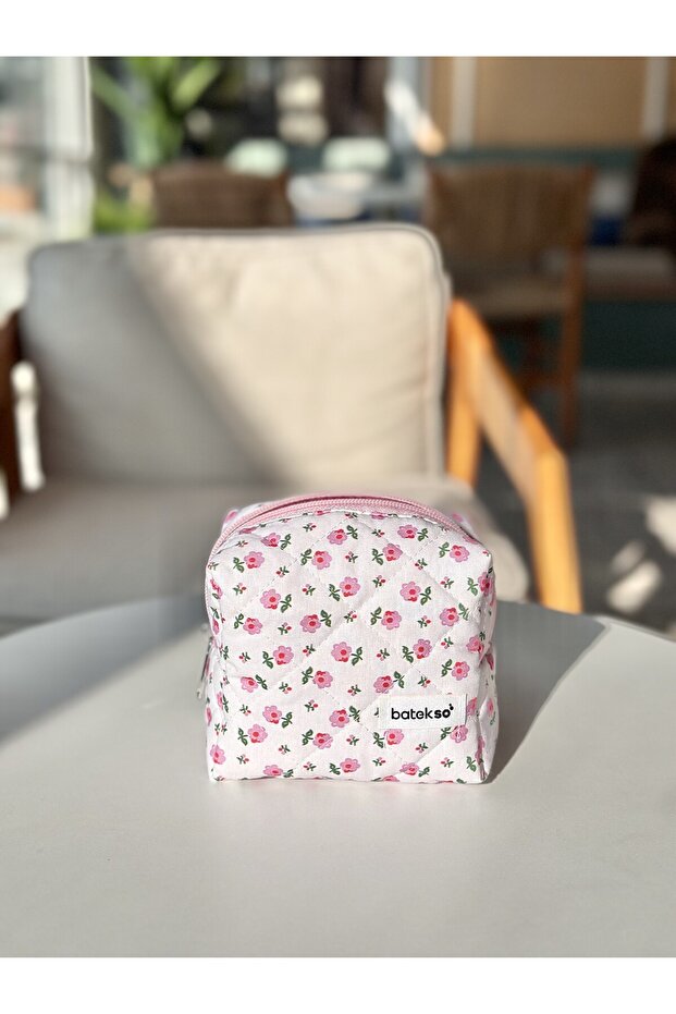 حقيبة مكياج صغيرة منقوشة بالزهور الوردية - حجم صغير - 7