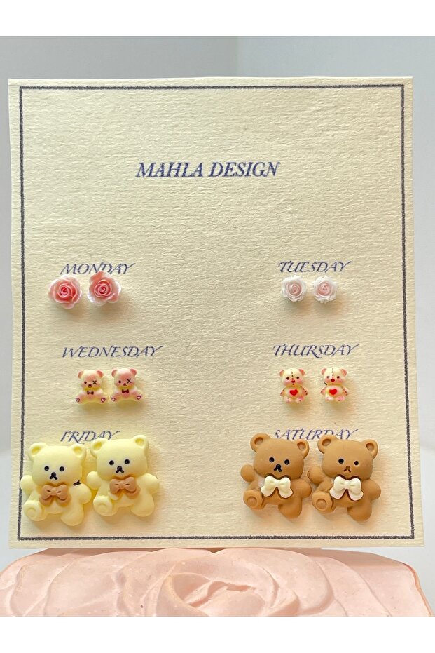 Set of 6 Teddy Bear Floral Print Earrings for Valentine's Day