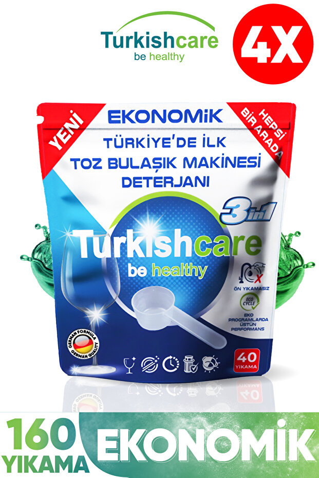 Turkishcare Hepsi Bir Arada Toz Bulaşık Makinesi Toz Deterjanı 40 Yıkama X 4 Adet