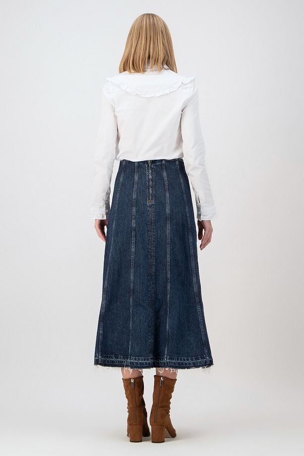 Flare A-Line Fit Midi Boy Orta İndigo Kadın Jean Etek - 6