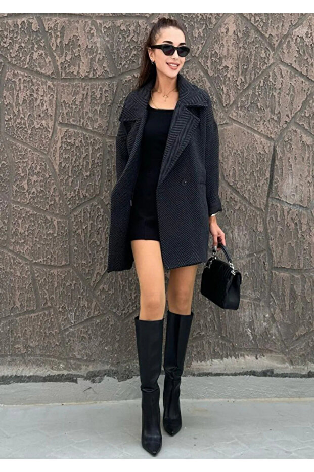 Női antracit halszálkás mintás bélelt oversize kabát - 3