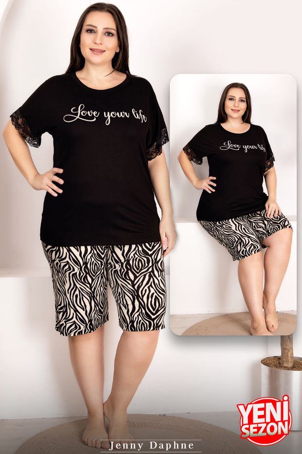 Lady Plus Size Zebra Print Short-Sleeve Sleeves Lace Shorts Pajama Suit 10400