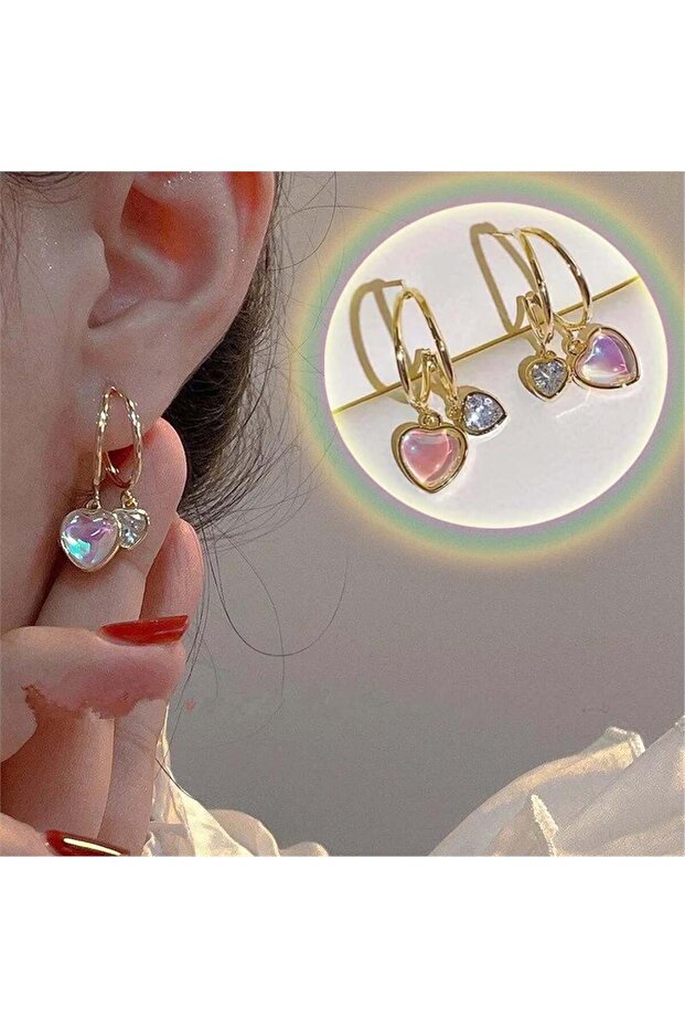 Gold Pearlescent Stone Heart Double Hoop Earrings