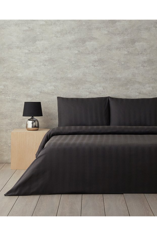 Lior Striped Cotton Satin King Size Duvet Cover Set 240x220 cm Anthracite