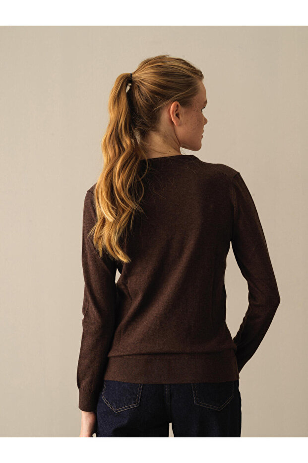 Kadın Kahve-melanj V Yaka %100 Pamuk Regular Fit Basic Kazak - 4