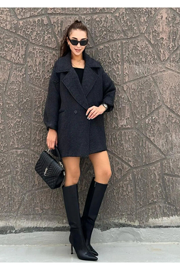 Női antracit halszálkás mintás bélelt oversize kabát - 2