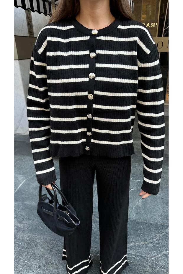 Black Gold Button Detailed Striped Knitwear Cardigan Trousers Set