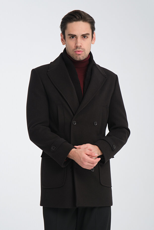 Double-Breasted Men's Cashmere Thick Coat with Ribbed Collar Standard Fit