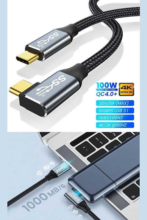 C14 Type-c To C 90 Derece 5a/100w/10gbps Şarj Data Ve 4k Görüntü Aktarım Kablosu -3mt - 5