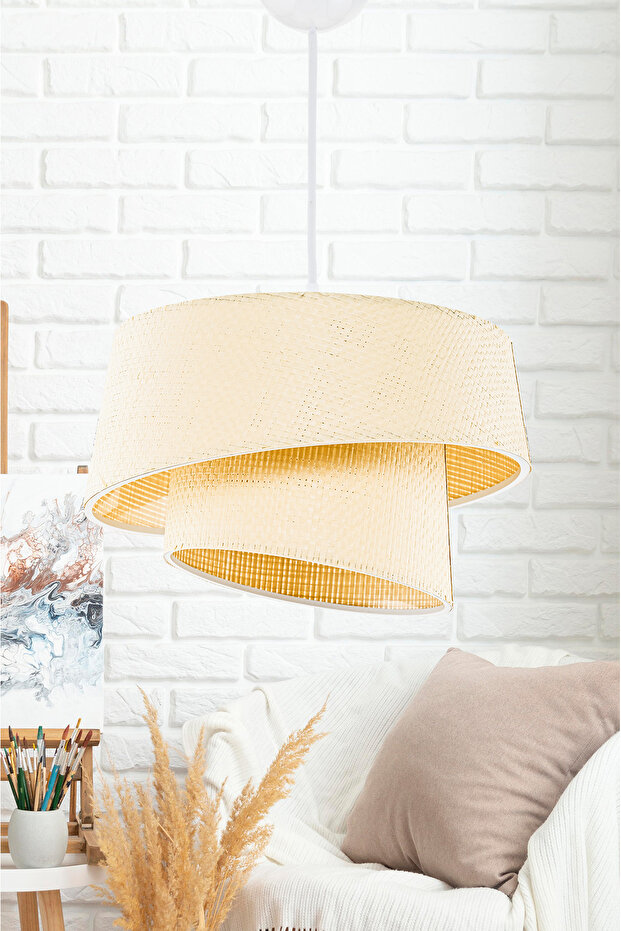 Eftelya KREM Hazeran Rattan 2 Katlı Pasta Sarkıt Avize - 1