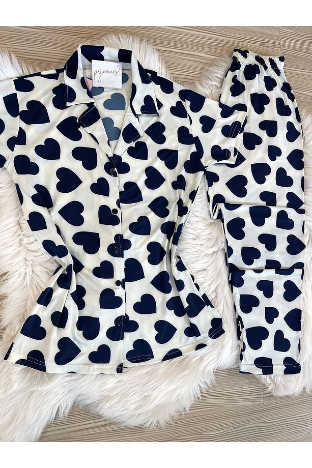 Lacivert Kalp Desenli Kısa Kol Gömlek Yaka Örme Pijama Takımı - 7