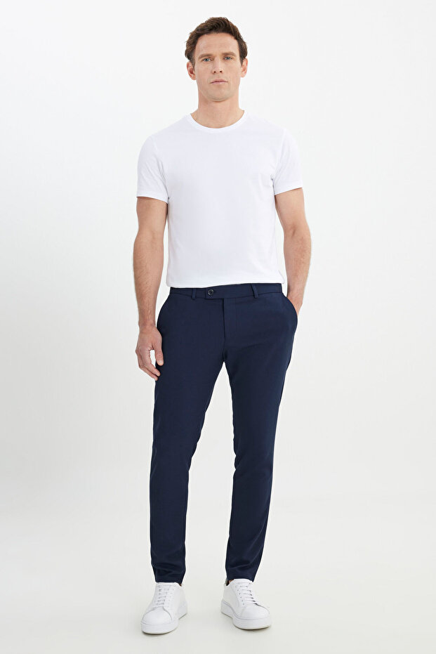 Erkek Lacivert Slim Fit İtalyan Kesim Yan Cepli Esnek Casual Pantolon - 4