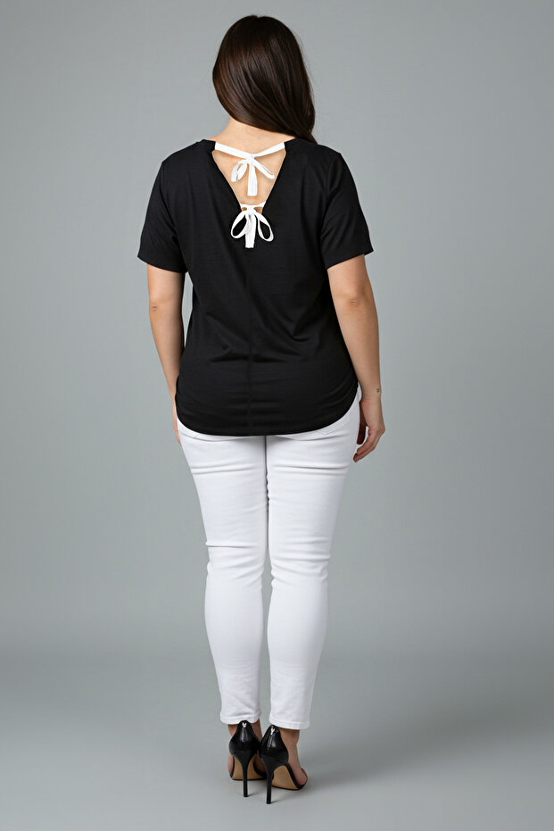 Siyah Regular Fit Sırtı Bağlama/Fiyonk Detaylı Örme Büyük Beden T-shirt TBBSS25BF00000 - 7