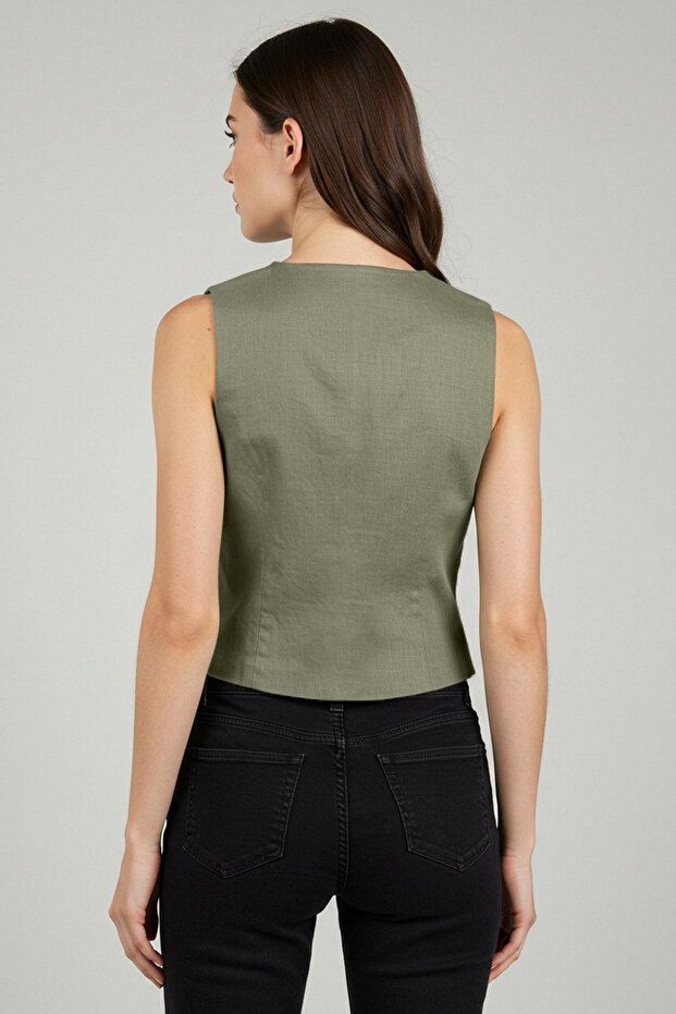 Açık Haki Fitted Keten Görünümlü V Yaka Crop Dokuma Yelek TWOSS25YE00028 - 11