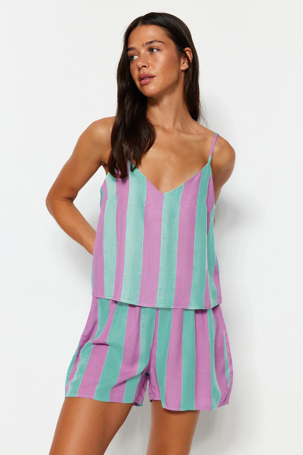 Çok Renkli Çizgili İp Askılı Viskon Şortlu Dokuma Pijama Takımı THMSS23PT00225 - 3