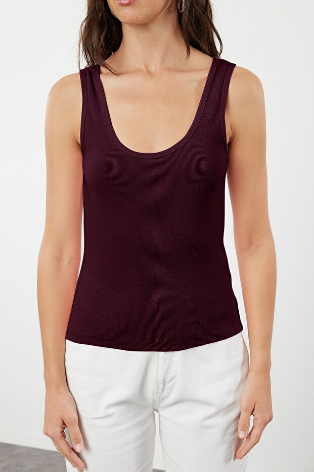 Bordo Fitted/Vücuda Oturan Havuz Yaka Fitilli Esnek Örme Atlet TWOSS22AL0042 - 4