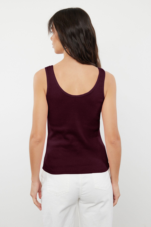 Bordo Fitted/Vücuda Oturan Havuz Yaka Fitilli Esnek Örme Atlet TWOSS22AL0042 - 5
