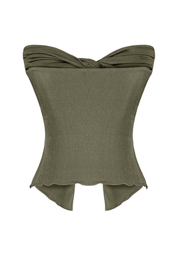 Haki Buzzy Kalp Yaka Büzgülü Esnek Crop Örme Bluz TWOSS24BZ00204 - 7