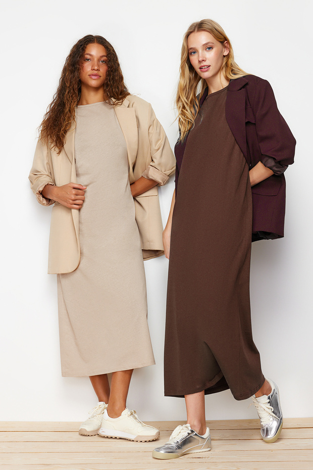 2-balení hnědé a béžové 100% bavlněné pletené šaty - TCTAW22UK0110 - 1