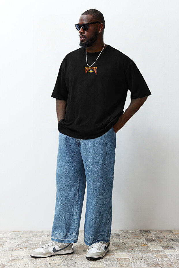Büyük Beden Siyah Oversize/Geniş Kesim Uzay Baskılı %100 Pamuklu T-Shirt TMNSS25BF00017 - 2