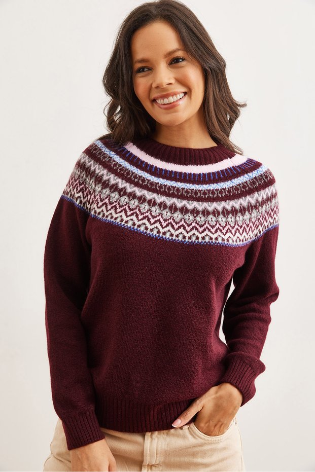 Women's Burgundy Collar Patterned Soft Textured Knitwear Sweater Kzk- 19000846