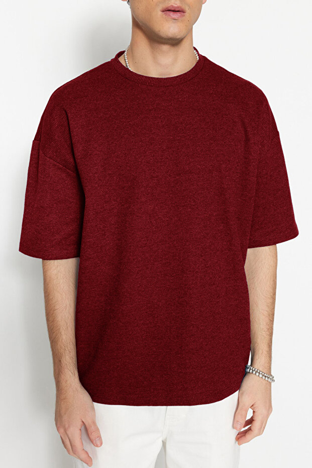 Basic Bordo Oversize/Geniş Kesim Dokulu Waffle Kısa Kol T-Shirt TMNSS22TS00049 - 6