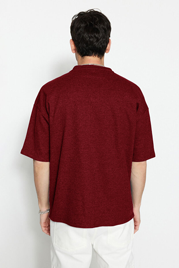 Basic Bordo Oversize/Geniş Kesim Dokulu Waffle Kısa Kol T-Shirt TMNSS22TS00049 - 2