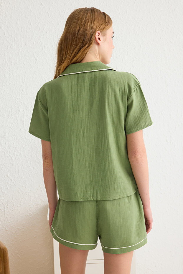 Açık Yeşil %100 Pamuklu Biyeli Müslin Şortlu Dokuma Pijama Takımı THMSS25PT00045 - 5