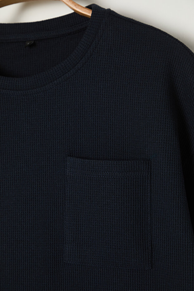 Basic Lacivert Relaxed/Rahat Kesim Dokulu Waffle Cepli Etiketli Kısa Kol T-Shirt TMNSS23TS00077 - 13