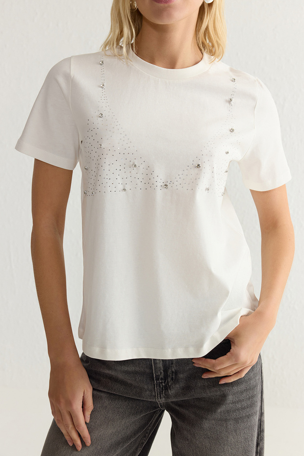 Ecru Stone Detailed 100% bavlna Regular Fit tričko - Twoss25Ts00016 - 5