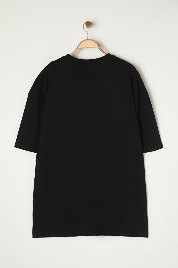 Büyük Beden Siyah Oversize/Geniş Kesim %100 Pamuklu T-Shirt TMNSS25BF00005 - 5