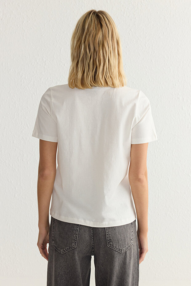 Ecru Stone Detailed 100% bavlna Regular Fit tričko - Twoss25Ts00016 - 6