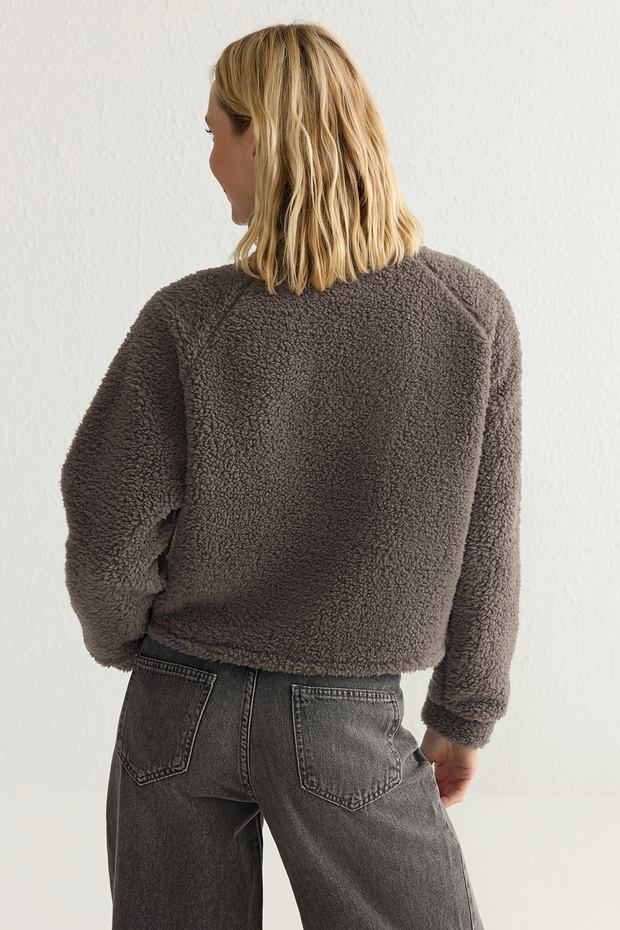 Antrasit Peluş Regular/Normal Kalıp Dokuma Garnili Fermuarlı Kalın Örme Sweatshirt TWOAW25SW00139 - 5