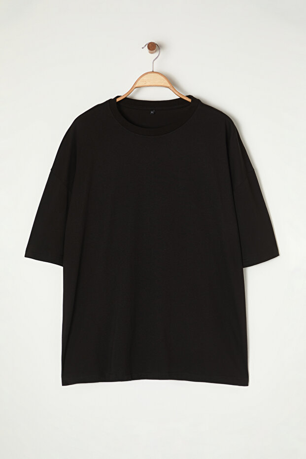 Siyah Oversize/Geniş Kesim Bisiklet Yaka Kısa Kol Sırt BaskılıBüyük Beden T-Shirt TMNSS25BF00003 - 4