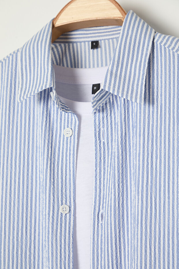 Mavi Oversize Çizgili Gofre Esnek Rahat Kumaş Örme Gömlek TMNSS25GO00024 - 9