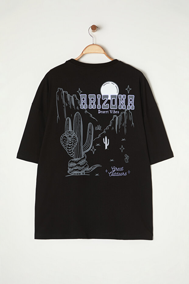 Siyah Oversize/Geniş Kesim Bisiklet Yaka Kısa Kol Sırt BaskılıBüyük Beden T-Shirt TMNSS25BF00003 - 3