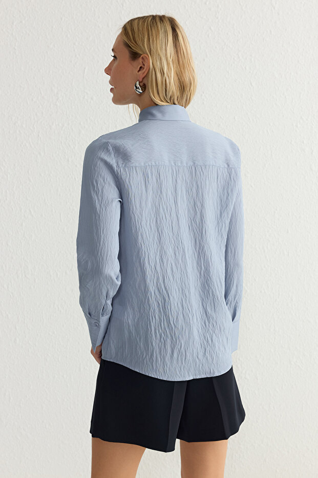 Mavi Çizgili Dokulu Kumaş Oversize Dokuma Gömlek TWOSS25GO00013 - 6