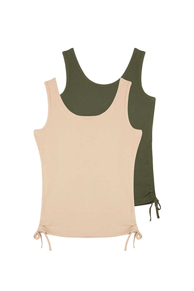 Plus Size Khaki-Beige Tank Top 2 Pack - Side Drawstring Tbbss25Cv00002 - 9