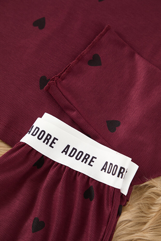 Bordo Kalpli Slogan Baskılı Lastikli Örme Pijama Takımı THMAW25PT00045 - 3