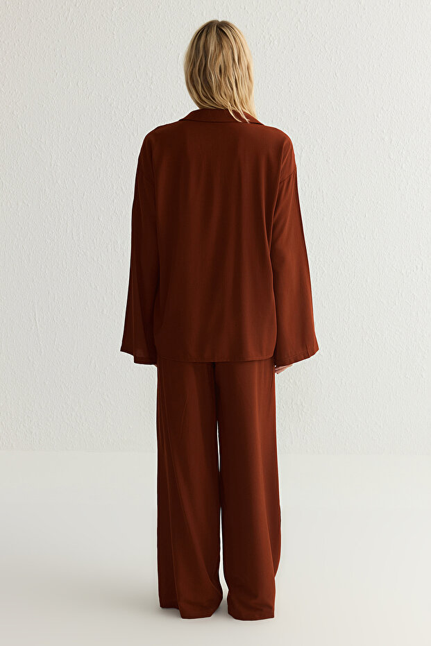 Kiremit Oversize Önü Bağlamalı Bluz Ve Geniş Paça Pantolon Dokuma Alt-Üst Takım TWOSS25AU00035 - 5